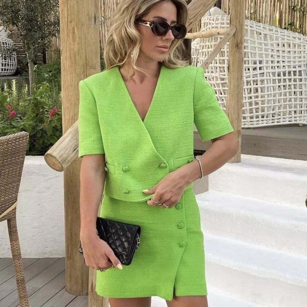 ZARA Textured Blazer‎ Skirt Set Neon Green Size M/L